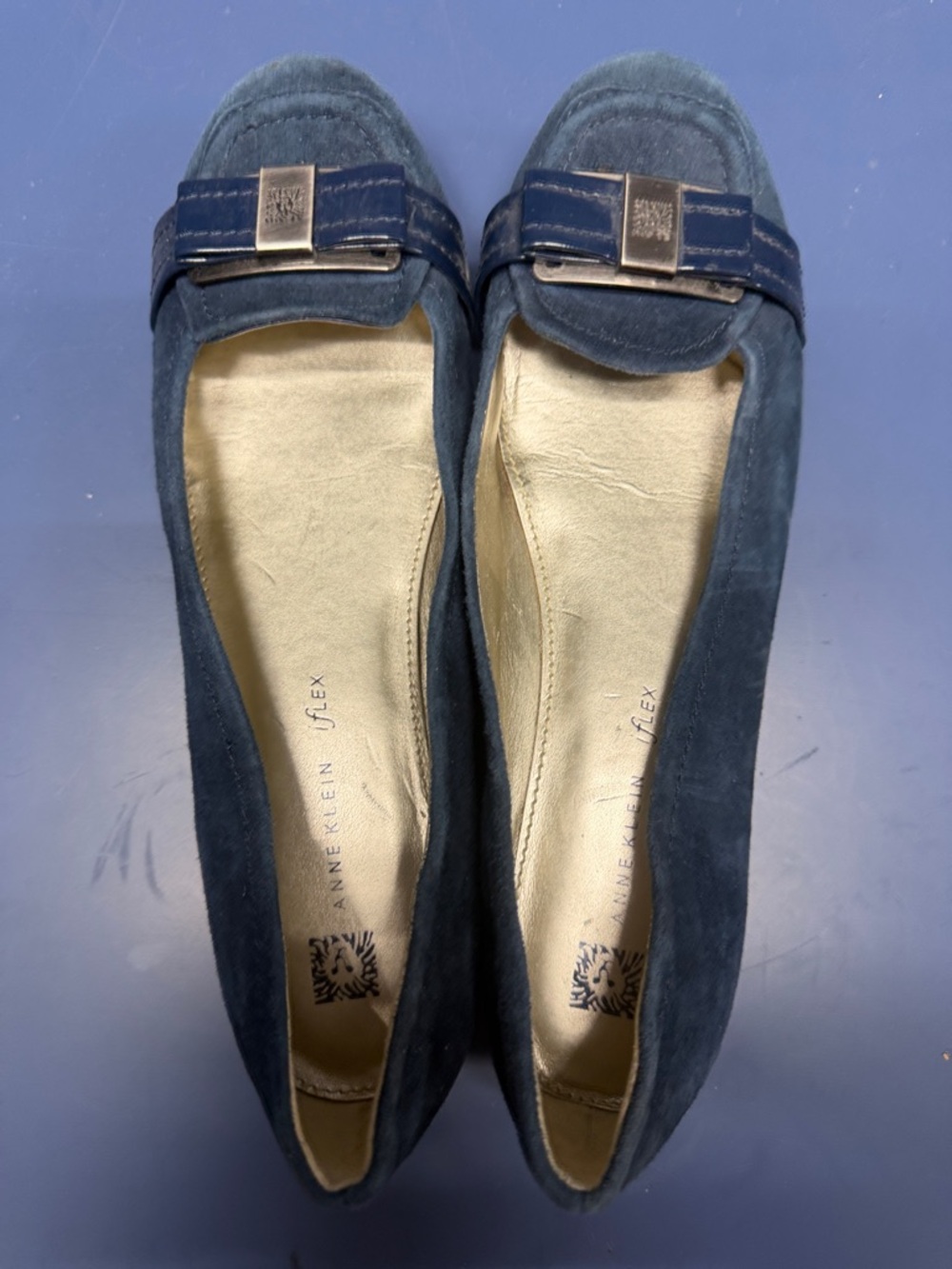Anne Klein Navy Suede Loafers with Gold Buckle